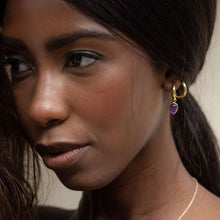 Load image into Gallery viewer, Amethyst drop huggies earrings in 18ct gold plated silver