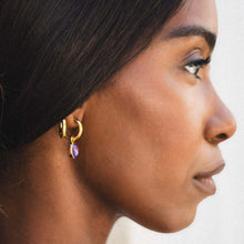 Load image into Gallery viewer, Amethyst drop huggies earrings in 18ct gold plated silver