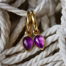 Load image into Gallery viewer, Amethyst drop huggies earrings in 18ct gold plated silver