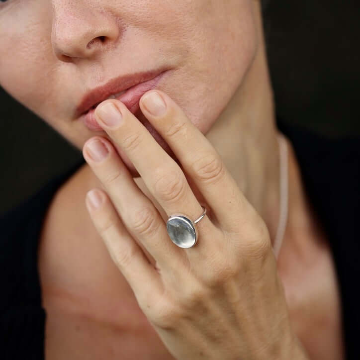 Clear quartz LENS ring silver