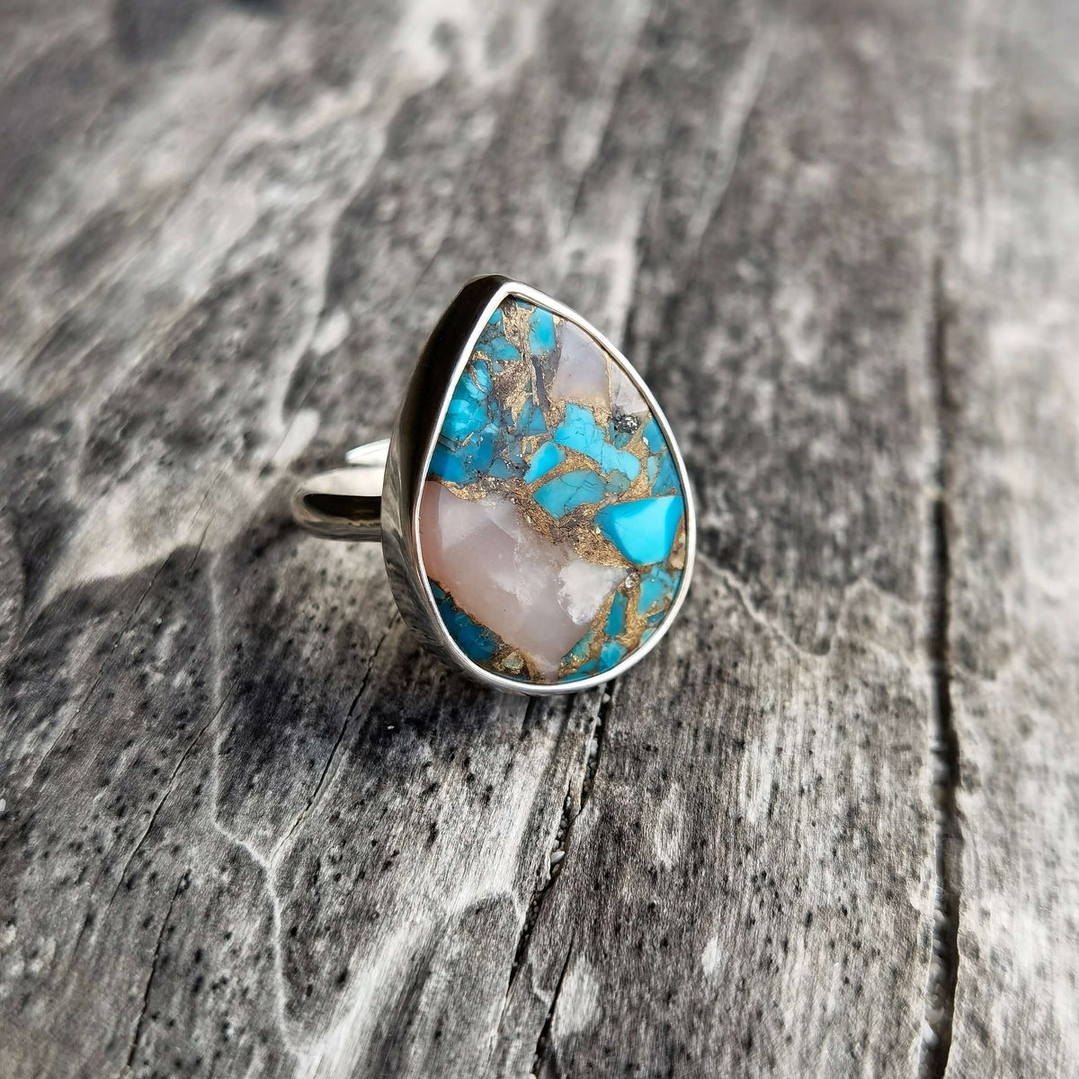 Opal copper turquoise oval ring 925 silver