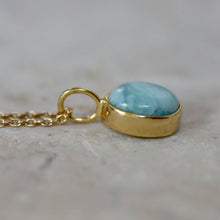 Load image into Gallery viewer, Larimar oval necklace gold be Soulshine Gems, on cable chain 42cm, side view.