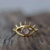 Rose quartz EYE ring 925 silver 18ct gold plated 