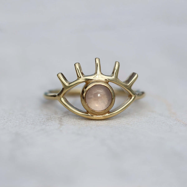 Rose quartz EYE ring 925 silver 18ct gold plated 