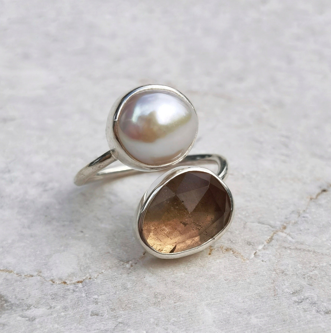 IMPERIAL TOPAZ & PEARL SPIRAL RING