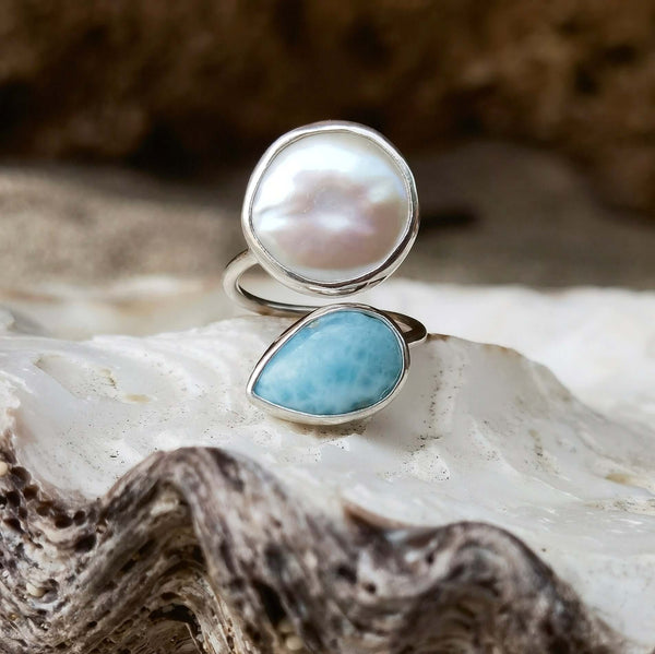 Spiral ring larimar and fresh water pearl in 925 silver 