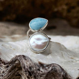 Spiral ring larimar and fresh water pearl in 925 silver 