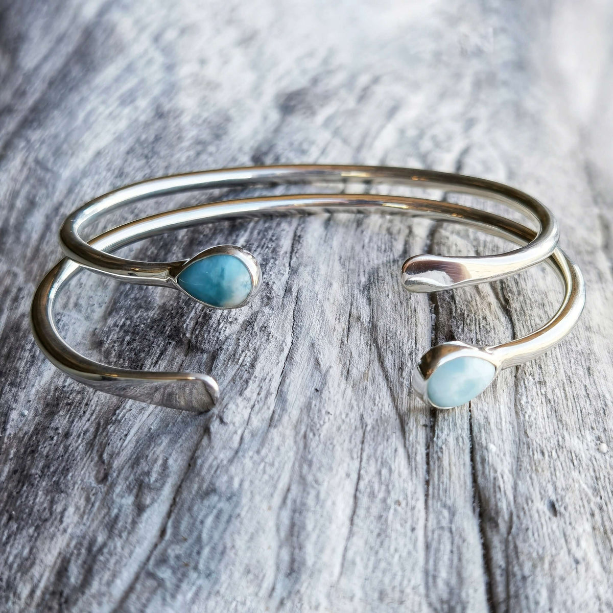 Handmade silver cuff with larimar drop
