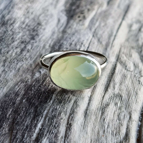 Prehnite oval ring set in 925 silver