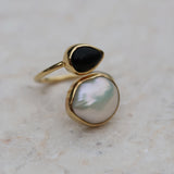 BLACK ONYX & PEARL SPIRAL RING GOLD - Soulshine Gems